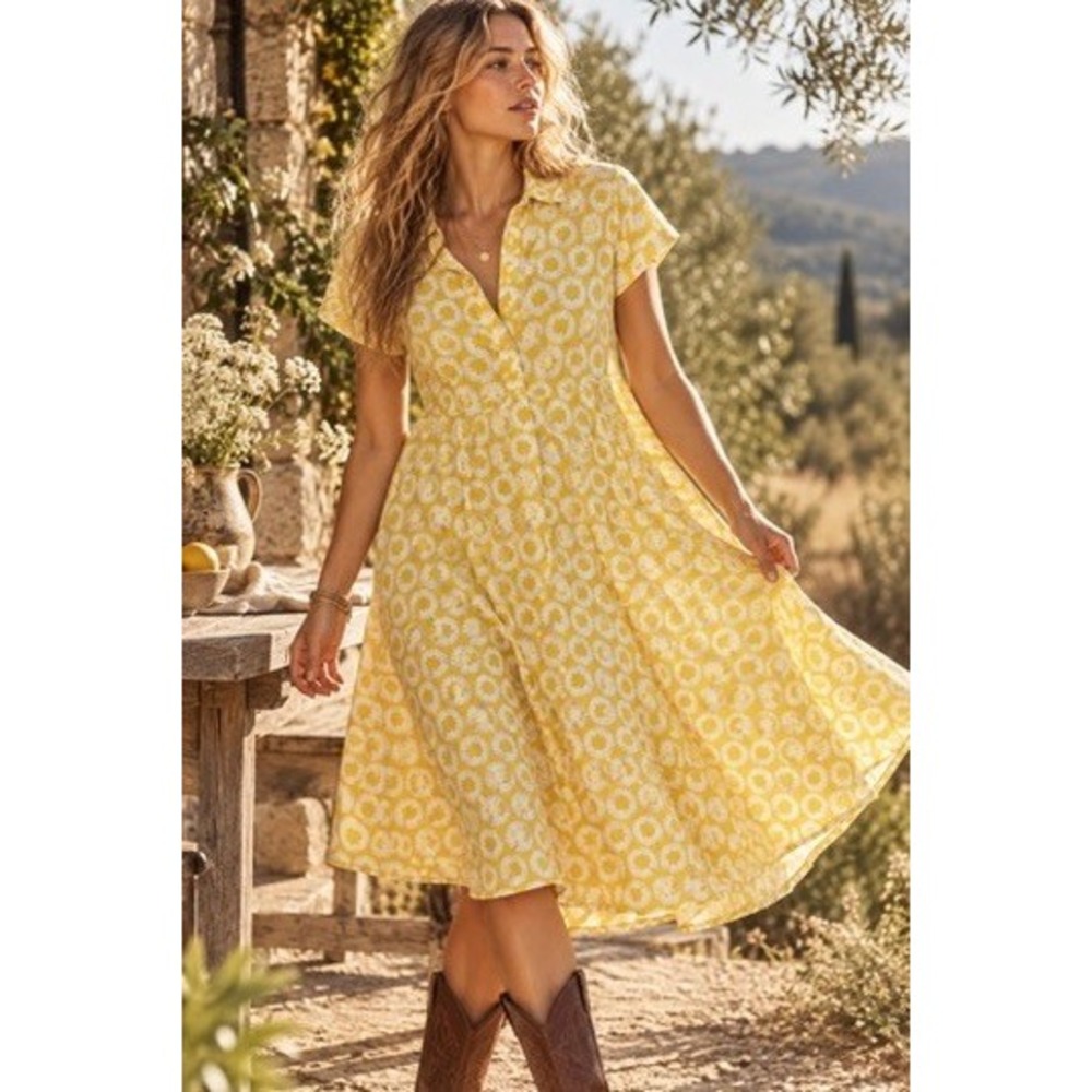 Boden Yellow White Geometric Floral Short Sleeve Pockets Fit Flare Dress 10R